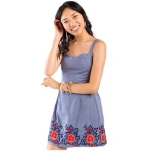 Francesca's Mi Ami Floral Embroidered Chambray Mini Dress Blue Size XS